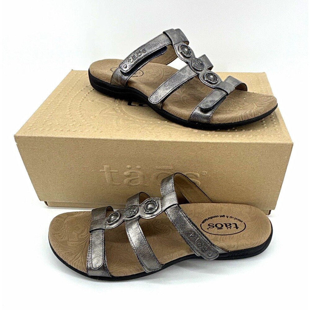 Taos Pewter Leather Slide Sandals Slip On Medallion Womens US 9 M